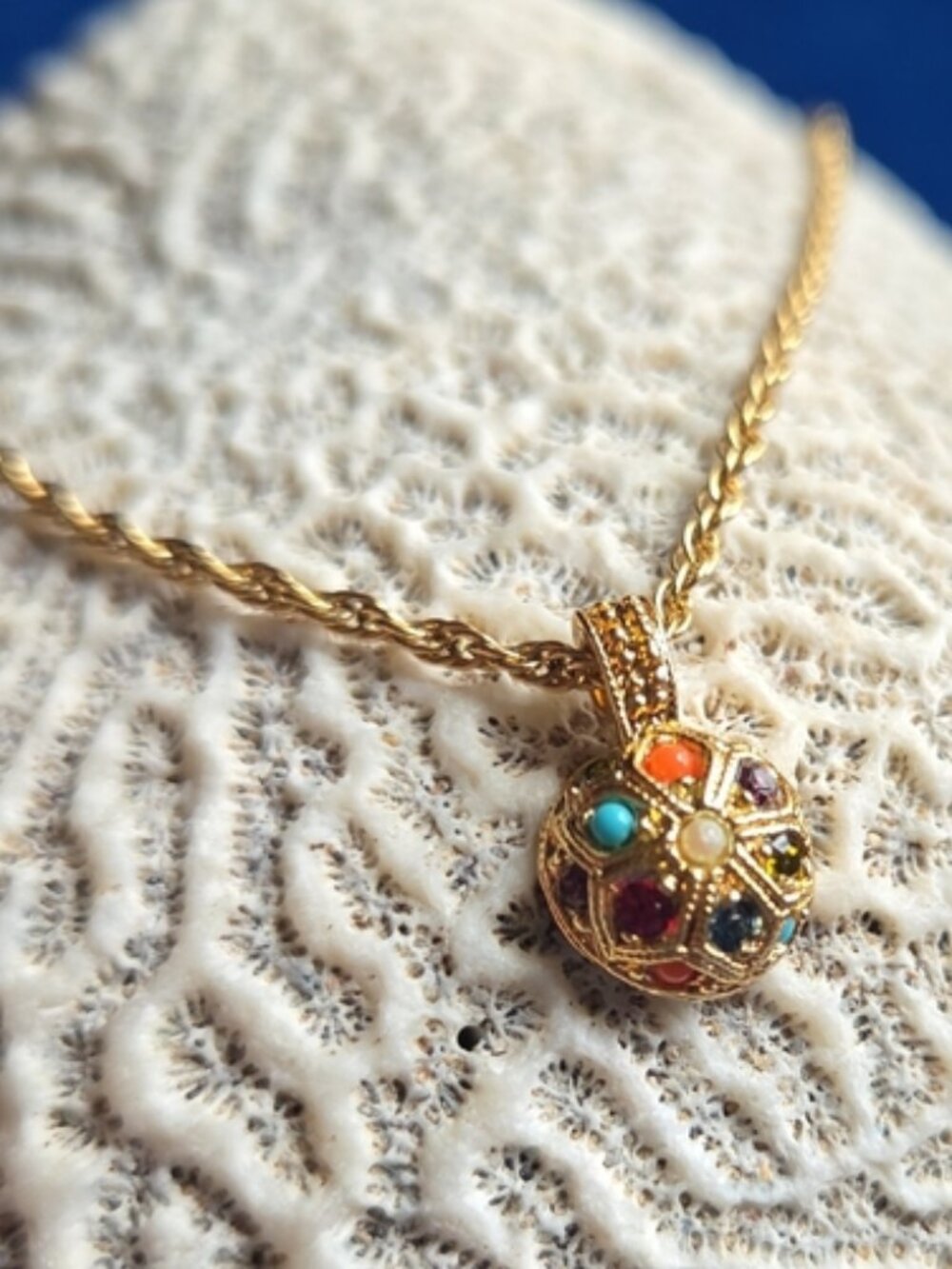 Vintage D'Orlan Buried Treasure Multi Gem 22k Gold Plated 18" Orb Necklace